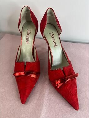 J Renee Red Satin D'Orsay Heels Pointed Toe Bow Accent Evening Pumps Size 7 EUC